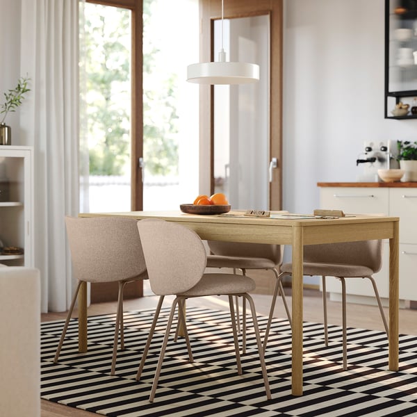 TONSTAD / KRYLBO - Table and 4 chairs, oak effect/Tonerud dark beige, 150x80 cm - Table length: 150 cm, Table width: 80 cm, Table height: 75 cm, Chair width: 55 cm, Chair depth: 51 cm, Chair height: 75 cm.