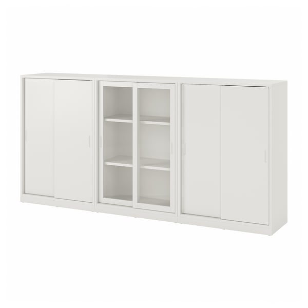 TONSTAD - TONSTAD Storage combination w sliding doors, off-white/clear glass, 243x37x116 cm