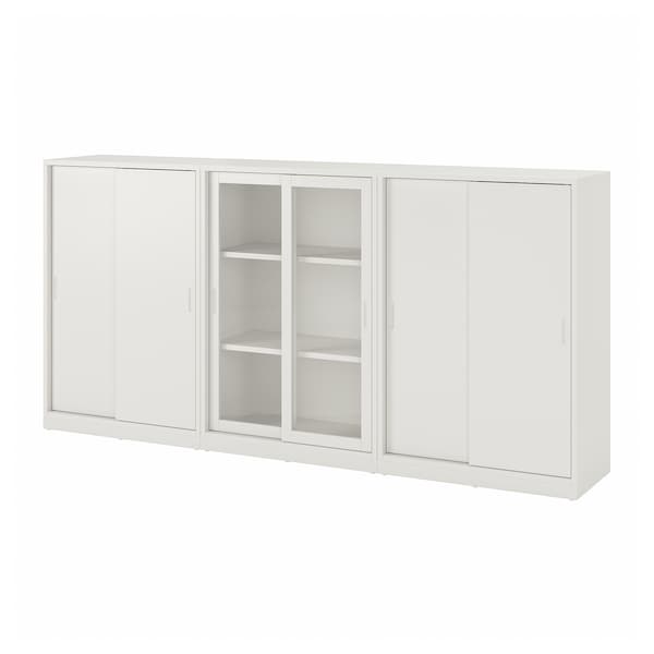 TONSTAD - Storage combination w sliding doors, off-white/clear glass, 243x37x116 cm