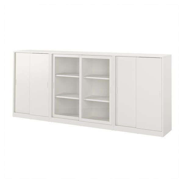 TONSTAD storage combination w sliding doors, off-white/clear glass, 282x37x116 cm
