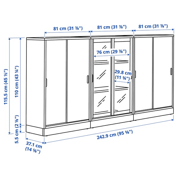 TONSTAD - TONSTAD Storage combination w sliding doors, off-white/clear glass, 243x37x116 cm