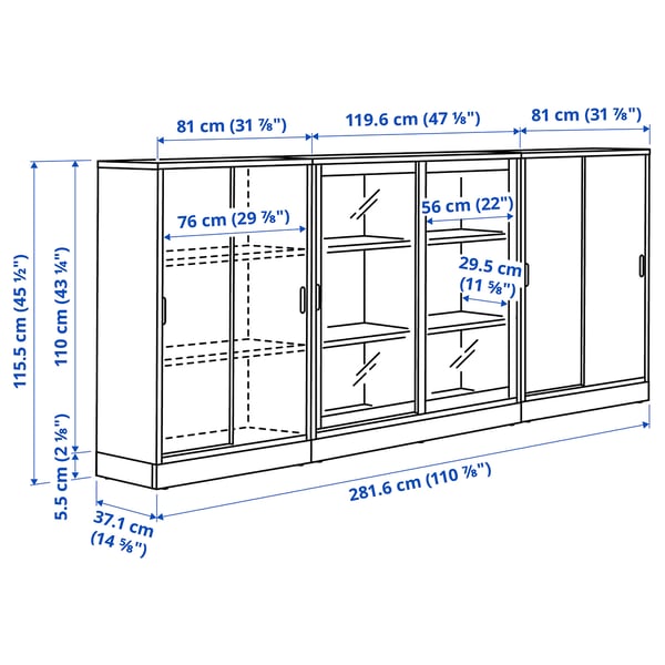TONSTAD storage combination w sliding doors, off-white/clear glass, 282x37x116 cm