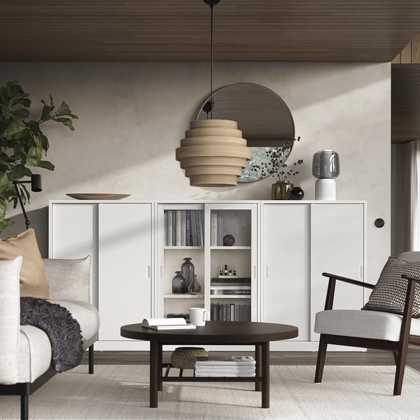 TONSTAD - TONSTAD Storage combination w sliding doors, off-white/clear glass, 243x37x116 cm