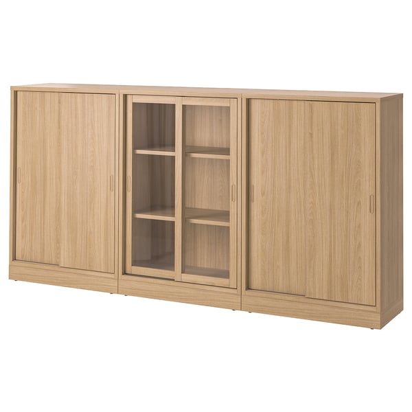 TONSTAD storage combination w sliding doors, oak veneer/clear glass, 245x37x120 cm