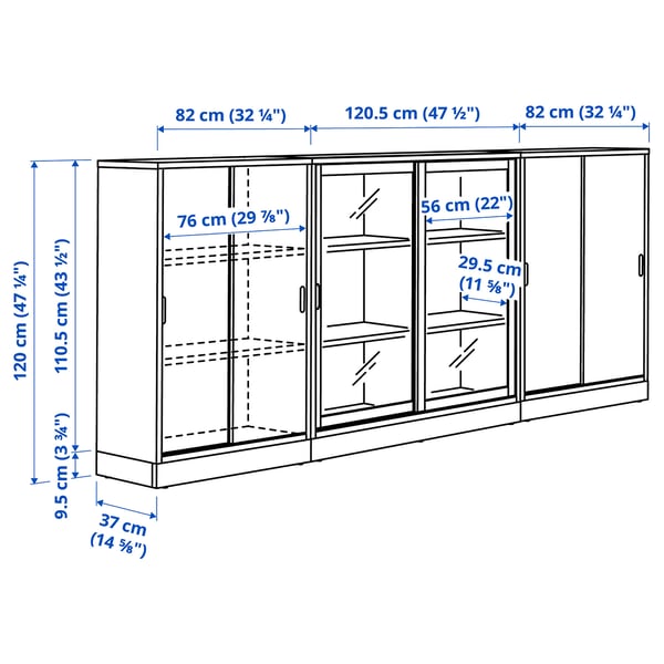 TONSTAD storage combination w sliding doors, oak veneer/clear glass, 284x37x120 cm