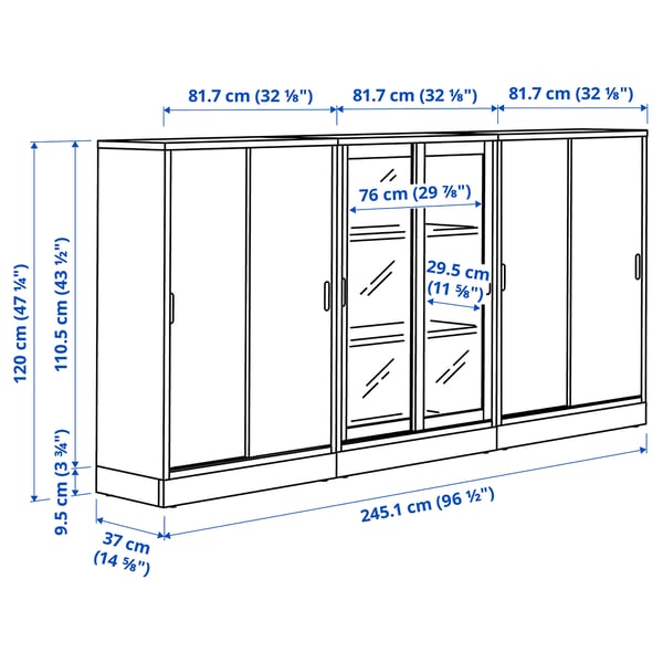 TONSTAD storage combination w sliding doors, oak veneer/clear glass, 245x37x120 cm