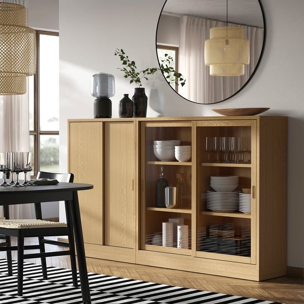 TONSTAD - TONSTAD Storage combination w sliding doors, oak veneer/clear glass, 202x37x120 cm