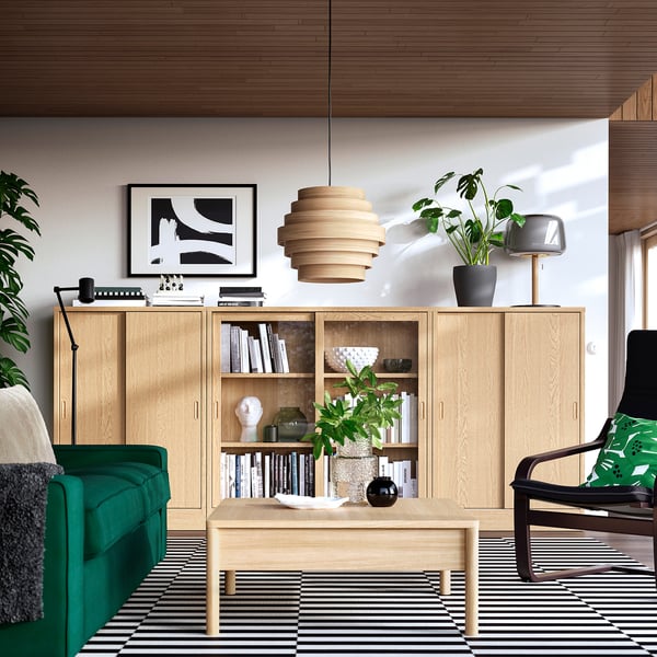 TONSTAD storage combination w sliding doors, oak veneer/clear glass, 284x37x120 cm