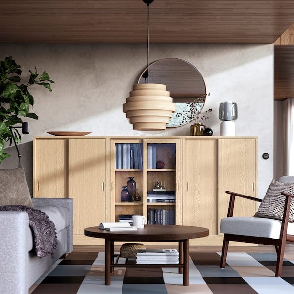 Ikea TONSTAD - Storage combination w sliding doors, oak veneer/clear glass, 245x37x120 cm