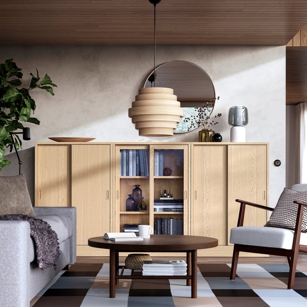 TONSTAD - TONSTAD Storage combination w sliding doors, oak veneer/clear glass, 245x37x120 cm