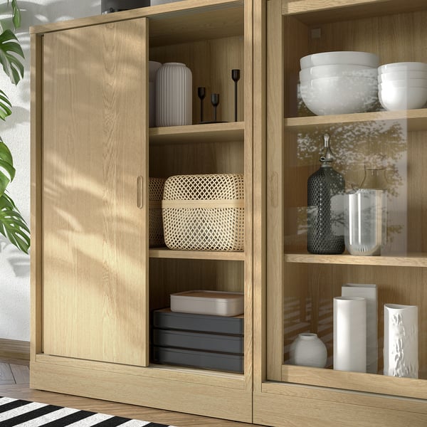 TONSTAD storage combination w sliding doors, oak veneer/clear glass, 202x37x120 cm