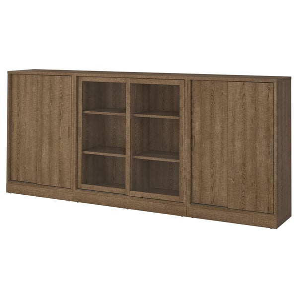 TONSTAD - TONSTAD Storage combination w sliding doors, brown stained oak veneer/clear glass, 284x37x120 cm