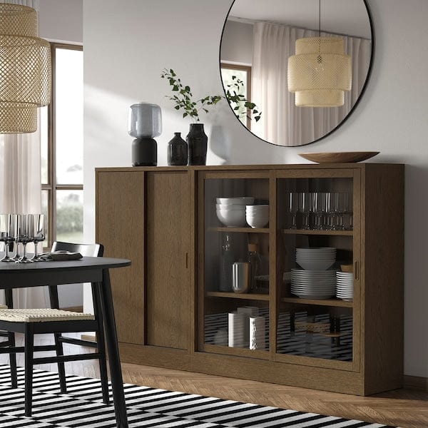 Ikea TONSTAD - Storage combination w sliding doors, brown stained oak veneer/clear glass, 202x37x120 cm