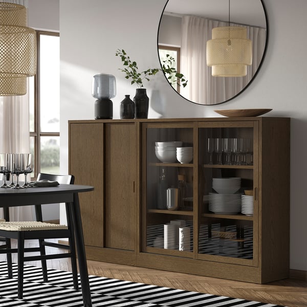TONSTAD - TONSTAD Storage combination w sliding doors, brown stained oak veneer/clear glass, 202x37x120 cm
