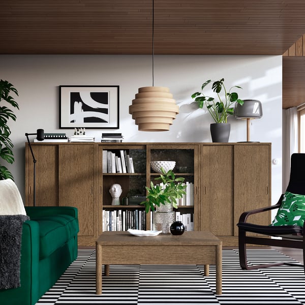 TONSTAD - TONSTAD Storage combination w sliding doors, brown stained oak veneer/clear glass, 284x37x120 cm