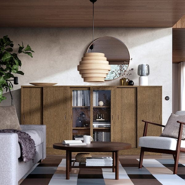 Ikea TONSTAD - Storage combination w sliding doors, brown stained oak veneer/clear glass, 245x37x120 cm