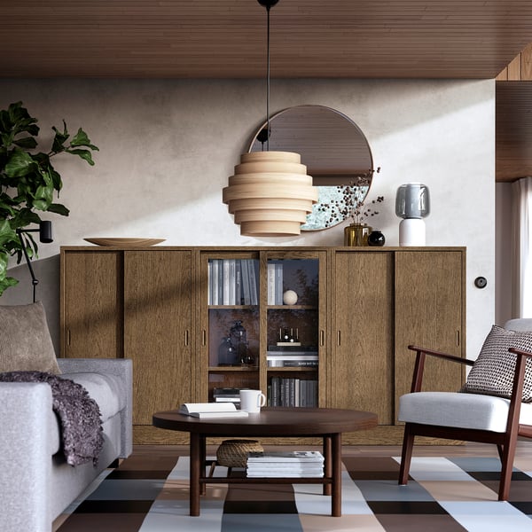 TONSTAD - TONSTAD Storage combination w sliding doors, brown stained oak veneer/clear glass, 245x37x120 cm