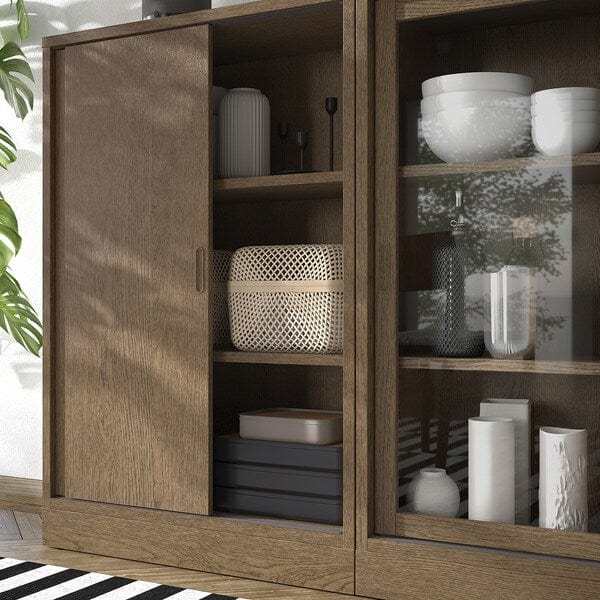 Ikea TONSTAD - Storage combination w sliding doors, brown stained oak veneer/clear glass, 202x37x120 cm