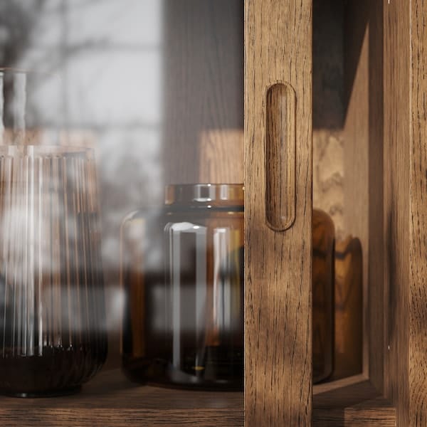 Ikea TONSTAD - Storage combination w sliding doors, brown stained oak veneer/clear glass, 202x37x120 cm