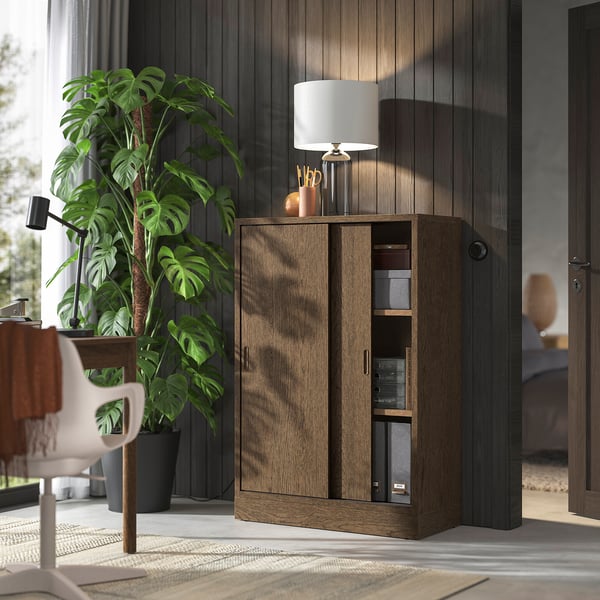 TONSTAD cabinet with sliding doors, brown stained oak veneer, 82x37x120 cm
