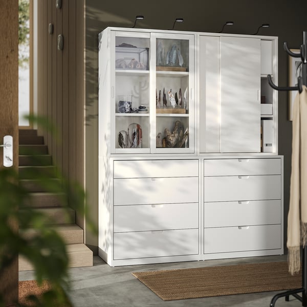 TONSTAD - TONSTAD Storage combination with drawers, off-white/glass, 164x47x206 cm