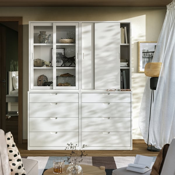 TONSTAD storage combination with drawers, off-white/glass, 164x47x206 cm