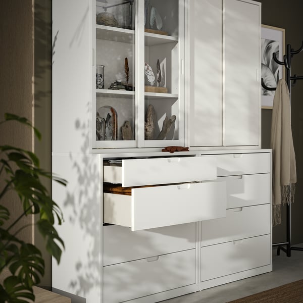 TONSTAD - TONSTAD Storage combination with drawers, off-white/glass, 164x47x206 cm