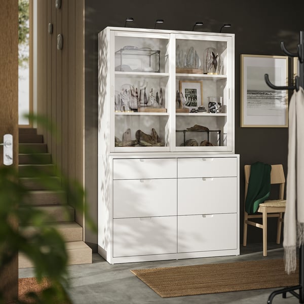 TONSTAD - TONSTAD Storage combination with drawers, off-white/glass, 121x47x206 cm