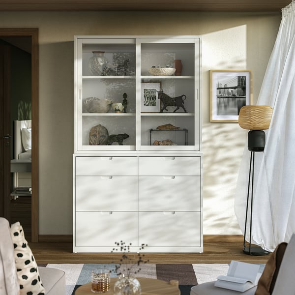TONSTAD - TONSTAD Storage combination with drawers, off-white/glass, 121x47x206 cm