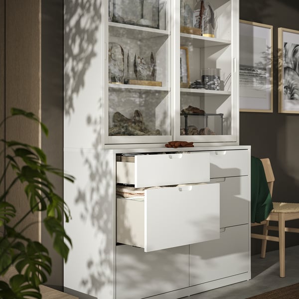 TONSTAD - TONSTAD Storage combination with drawers, off-white/glass, 121x47x206 cm