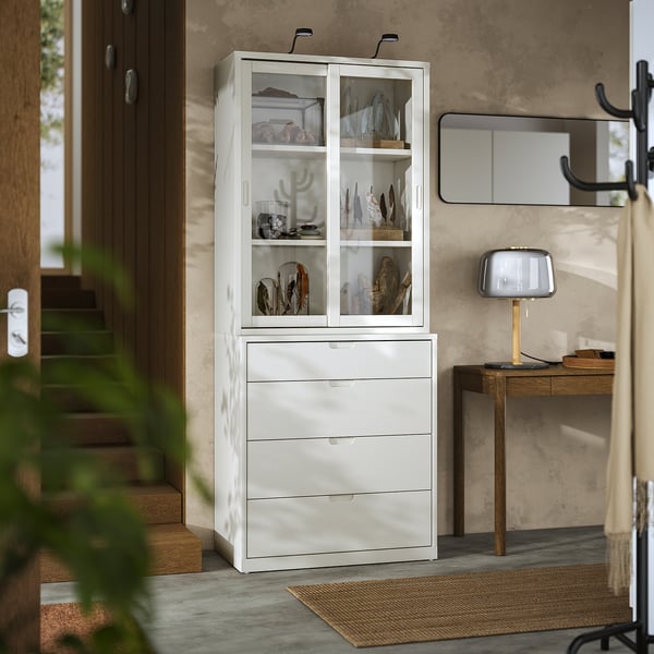 TONSTAD storage combination with drawers, off-white/glass, 82x47x206 cm