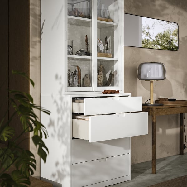 TONSTAD - TONSTAD Storage combination with drawers, off-white/glass, 82x47x206 cm