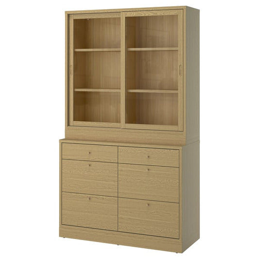 TONSTAD - TONSTAD Storage combination with drawers, oak veneer/glass, 121x47x210 cm