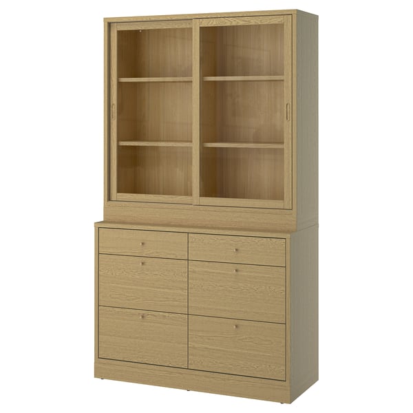 TONSTAD - TONSTAD Storage combination with drawers, oak veneer/glass, 121x47x210 cm