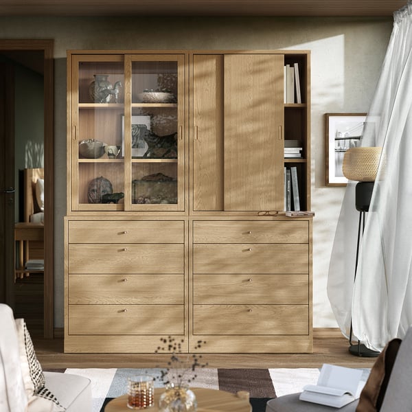 TONSTAD storage combination with drawers, oak veneer/glass, 164x47x210 cm