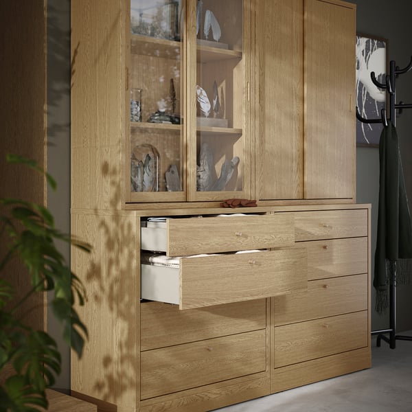 TONSTAD storage combination with drawers, oak veneer/glass, 164x47x210 cm