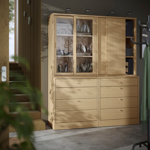 TONSTAD storage combination with drawers, oak veneer/glass, 164x47x210 cm