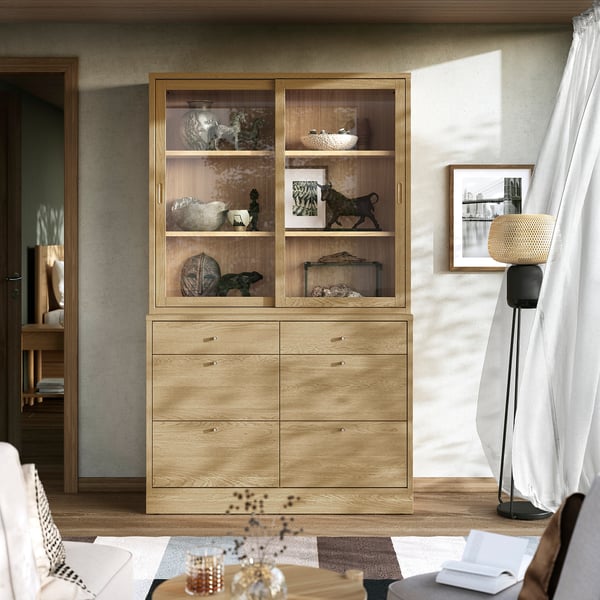 TONSTAD - TONSTAD Storage combination with drawers, oak veneer/glass, 121x47x210 cm