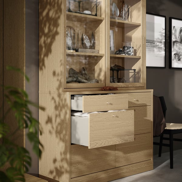 TONSTAD - TONSTAD Storage combination with drawers, oak veneer/glass, 121x47x210 cm