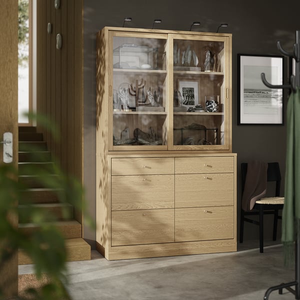 TONSTAD - TONSTAD Storage combination with drawers, oak veneer/glass, 121x47x210 cm