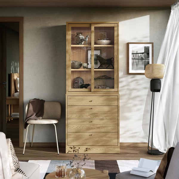 TONSTAD storage combination with drawers, oak veneer/glass, 82x47x210 cm