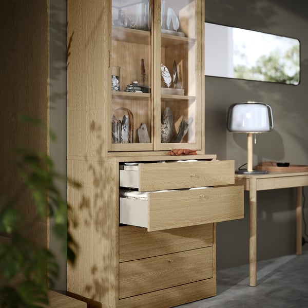 TONSTAD - TONSTAD Storage combination with drawers, oak veneer/glass, 82x47x210 cm