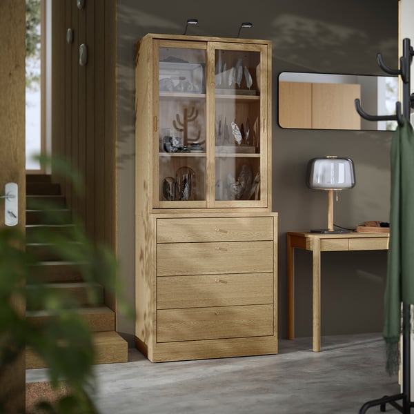 TONSTAD storage combination with drawers, oak veneer/glass, 82x47x210 cm