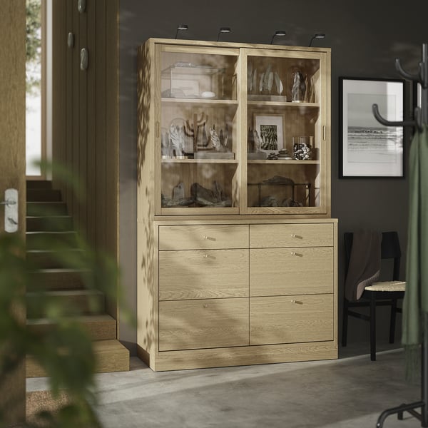 TONSTAD - TONSTAD Storage combination with drawers, oak veneer/glass, 121x47x210 cm