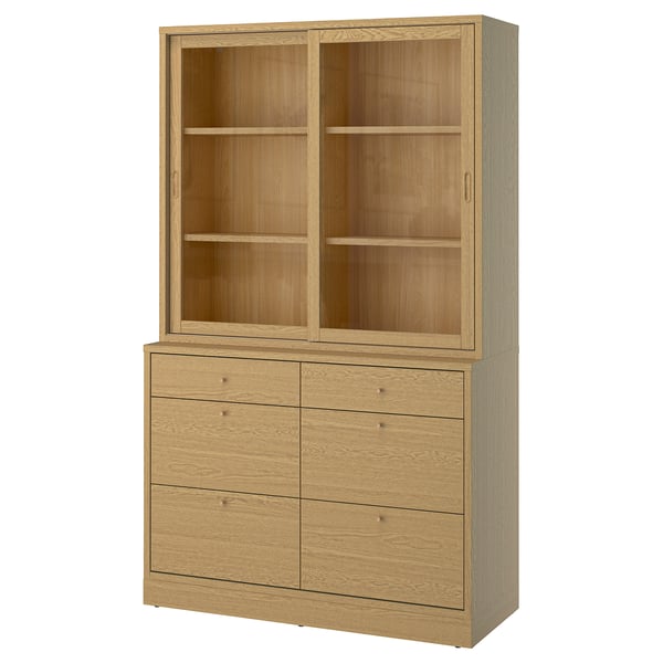 TONSTAD storage combination with drawers, oak veneer/glass, 121x47x210 cm