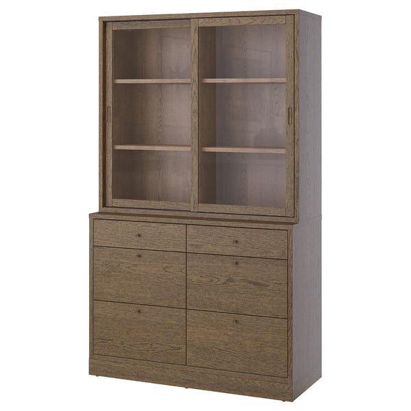 TONSTAD storage combination with drawers, brown stained oak veneer/glass, 121x47x210 cm