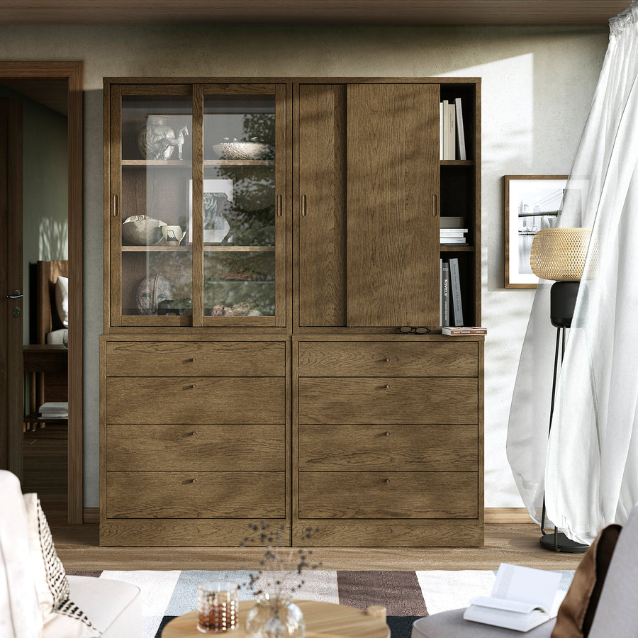 TONSTAD storage combination with drawers, brown stained oak veneer/glass, 164x47x210 cm