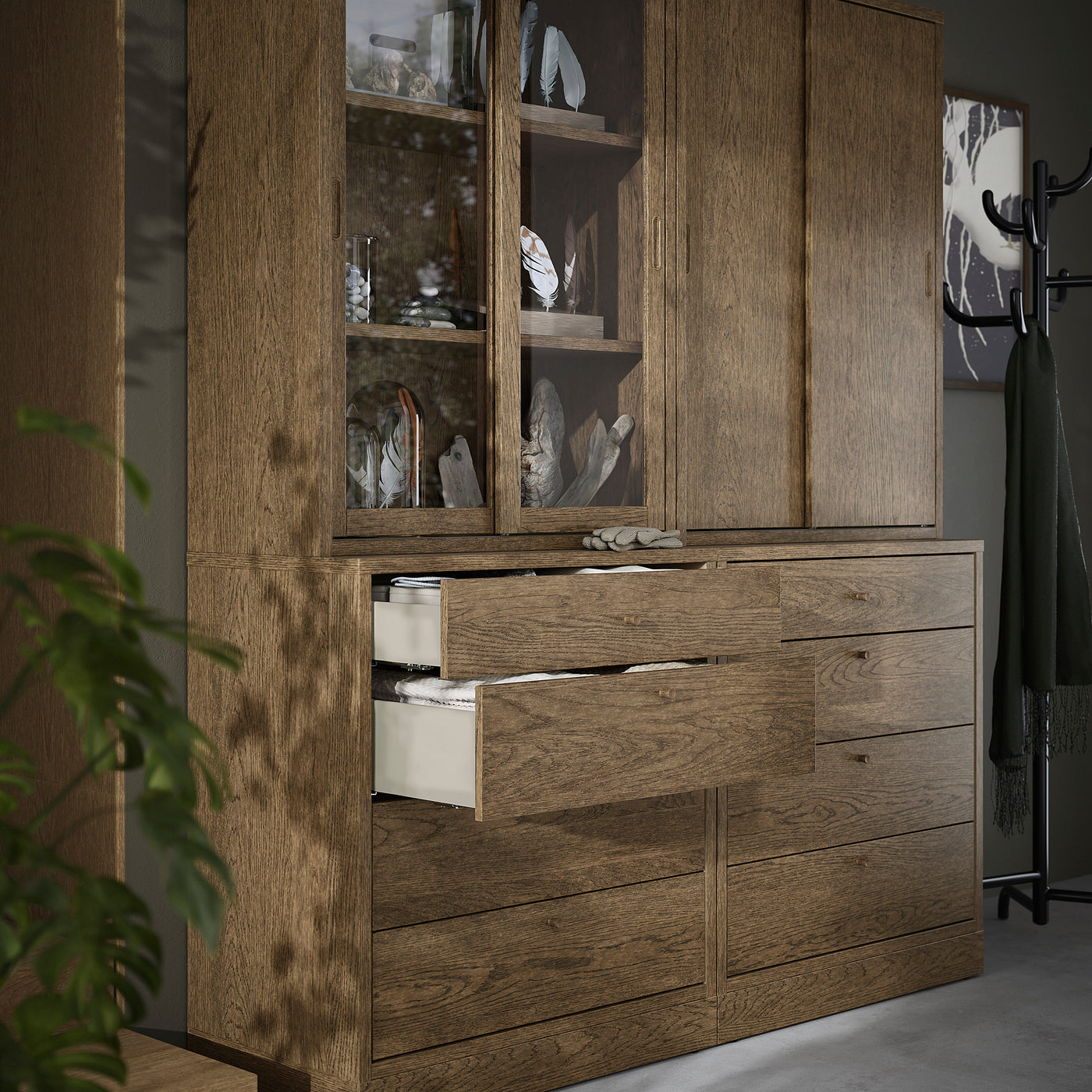 TONSTAD storage combination with drawers, brown stained oak veneer/glass, 164x47x210 cm