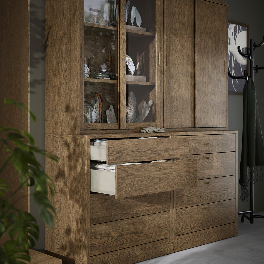 TONSTAD storage combination with drawers, brown stained oak veneer/glass, 164x47x210 cm