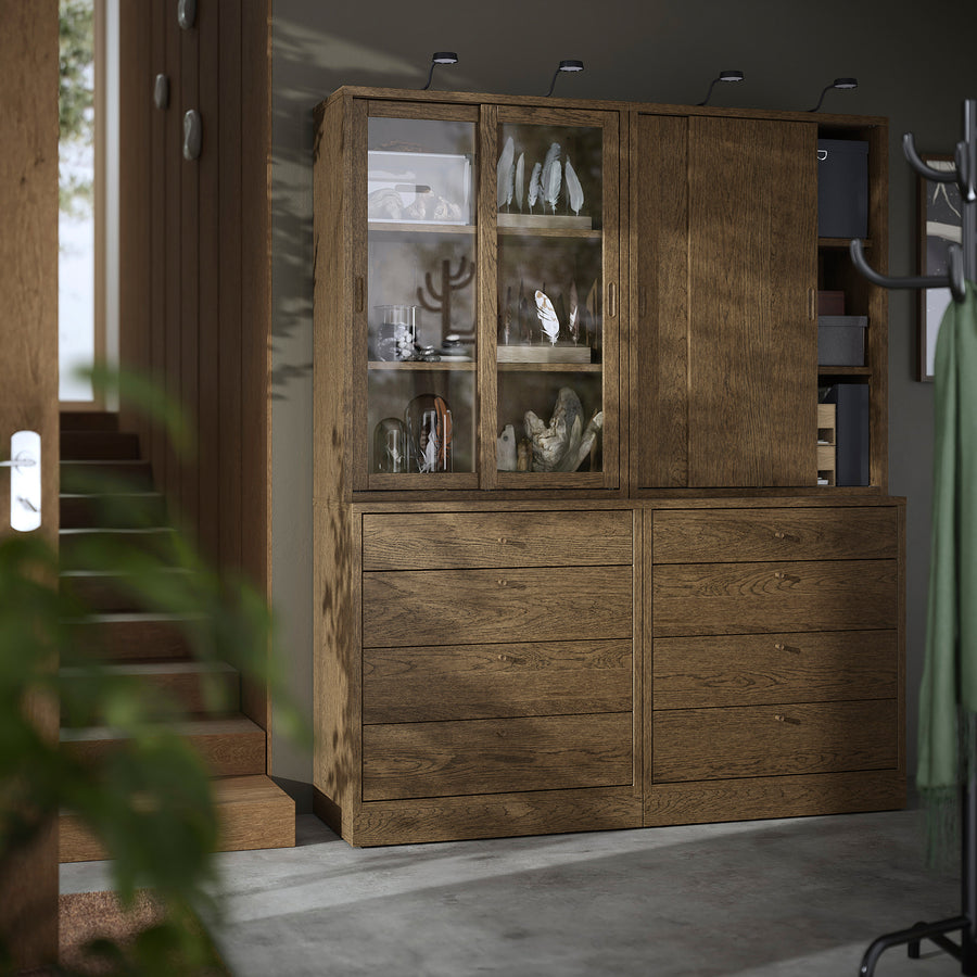 TONSTAD storage combination with drawers, brown stained oak veneer/glass, 164x47x210 cm